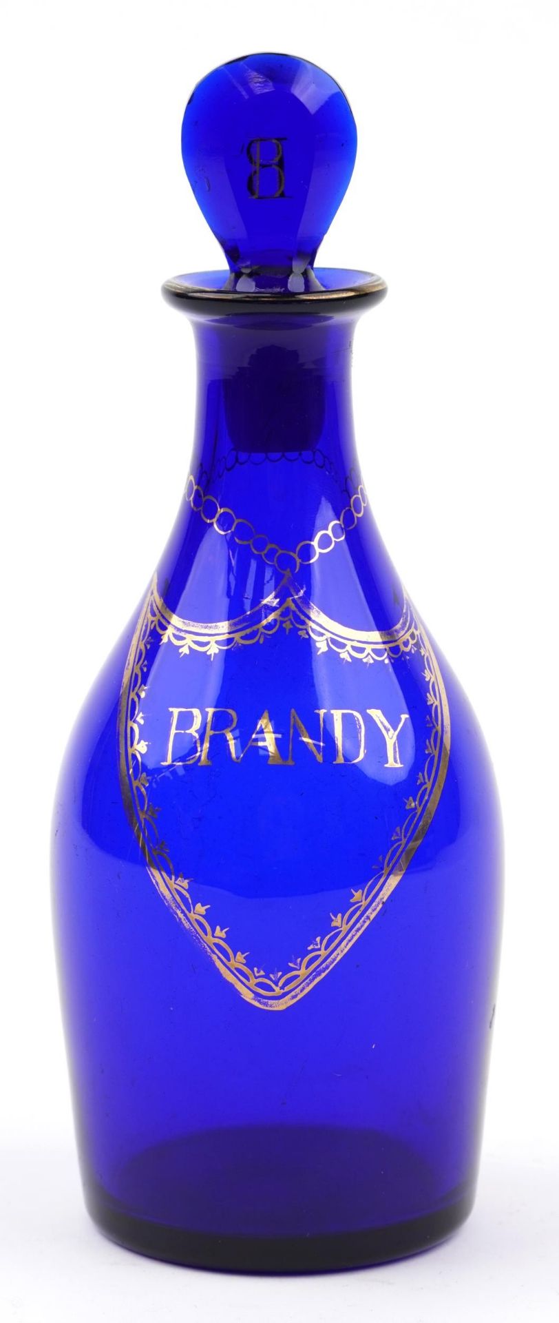 George III Bristol blue decanter inscribed Brandy, 21.5cm high