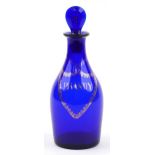 George III Bristol blue decanter inscribed Brandy, 21.5cm high