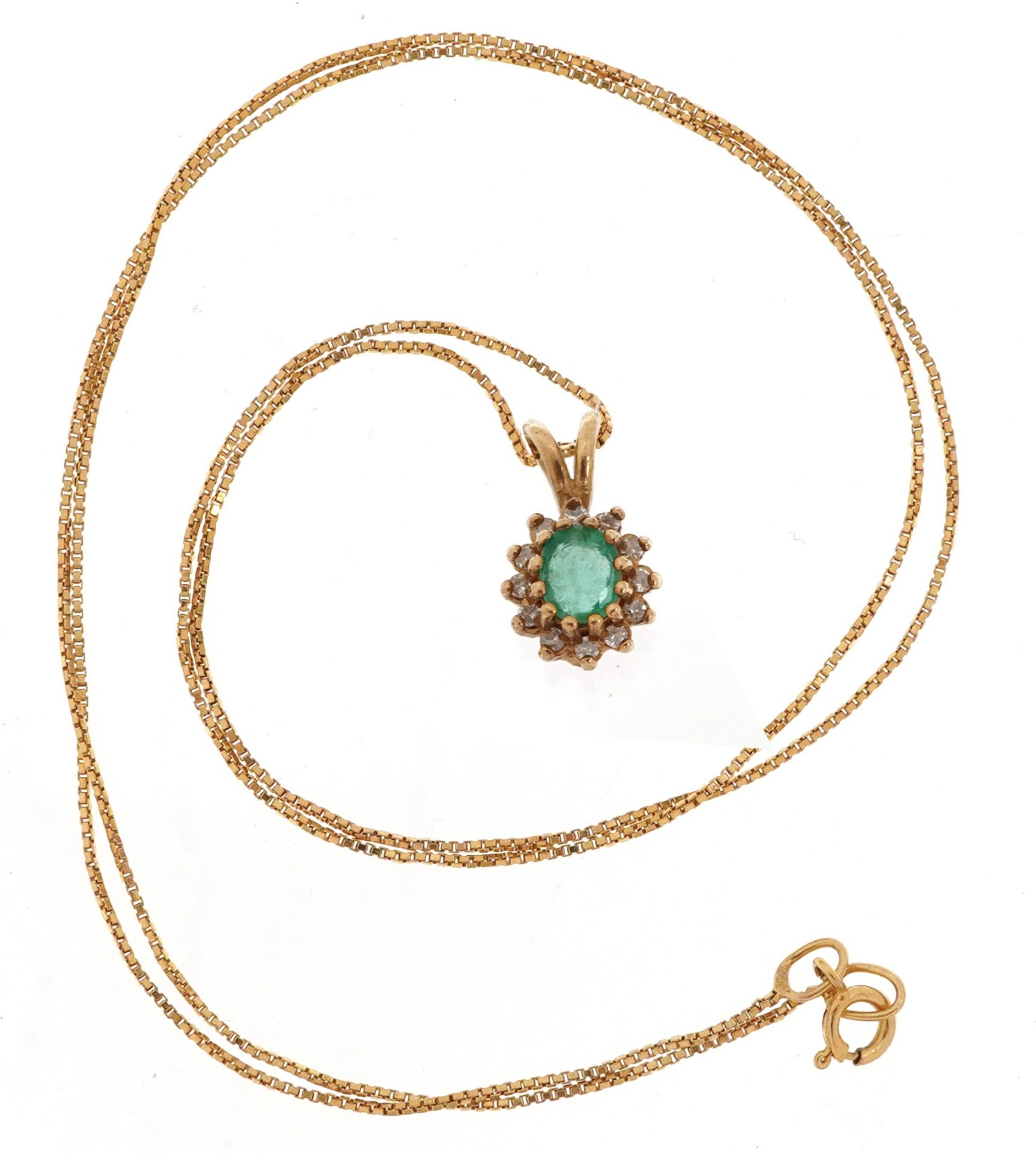 Unmarked gold emerald and diamond cluster pendant on 9ct gold box link necklace with matching pair - Image 4 of 6