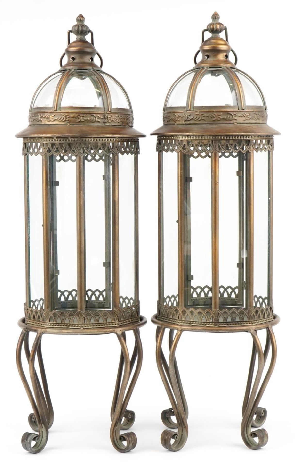 Pair of partially gilt and glazed lantern design candle holders, 82cm high