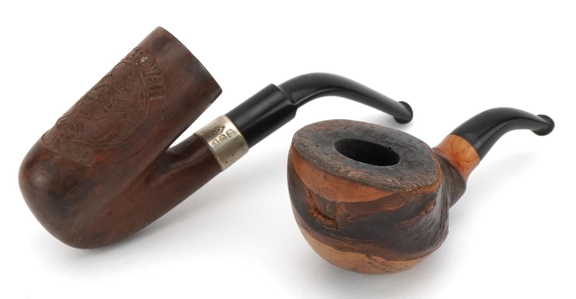 Boer War military interest smoking pipe and a cherry wood example made in Austria, the largest 12.