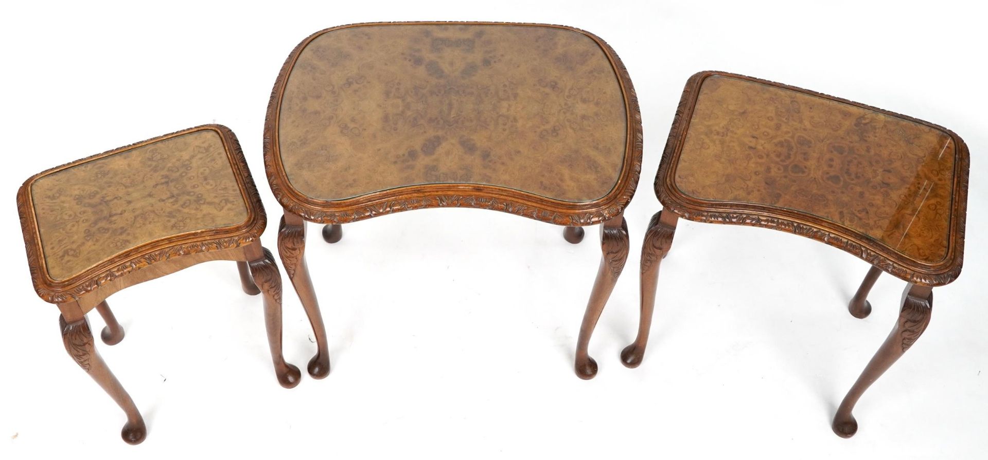 Nest of three burr walnut kidney shaped occasional tables with glass tops, the largest 57cm H x 60cm - Bild 3 aus 4