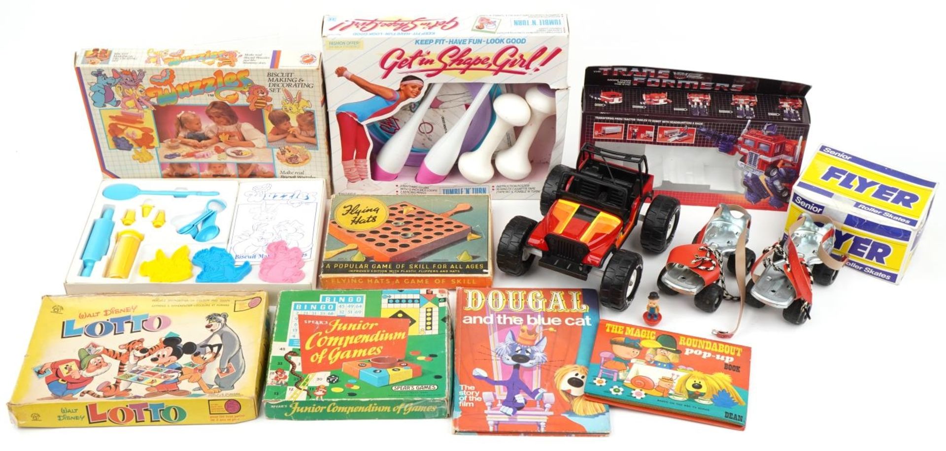 Collection of vintage and later toys including a pair of Flyer Senior roller skates, Walt Disney