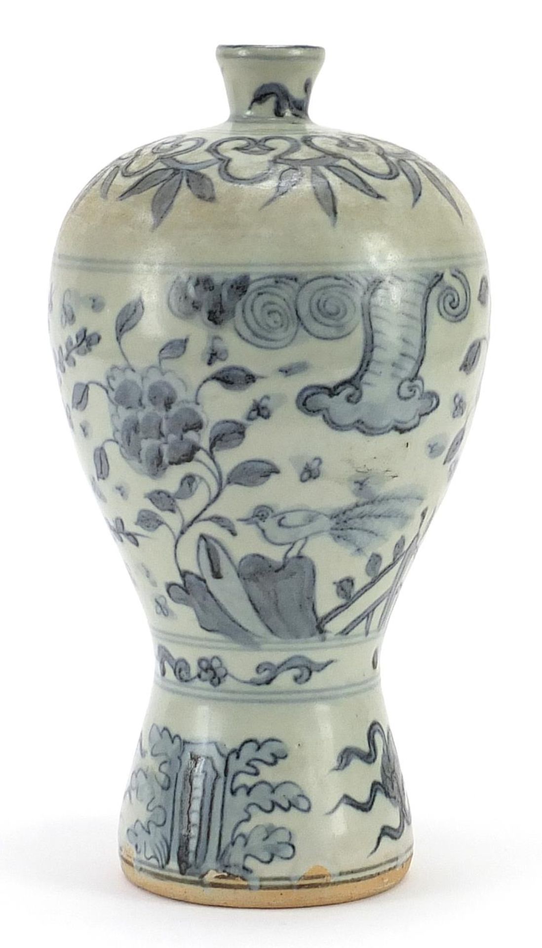 Chinese blue and white porcelain Meiping vase hand painted with birds amongst flowers, 26cm high