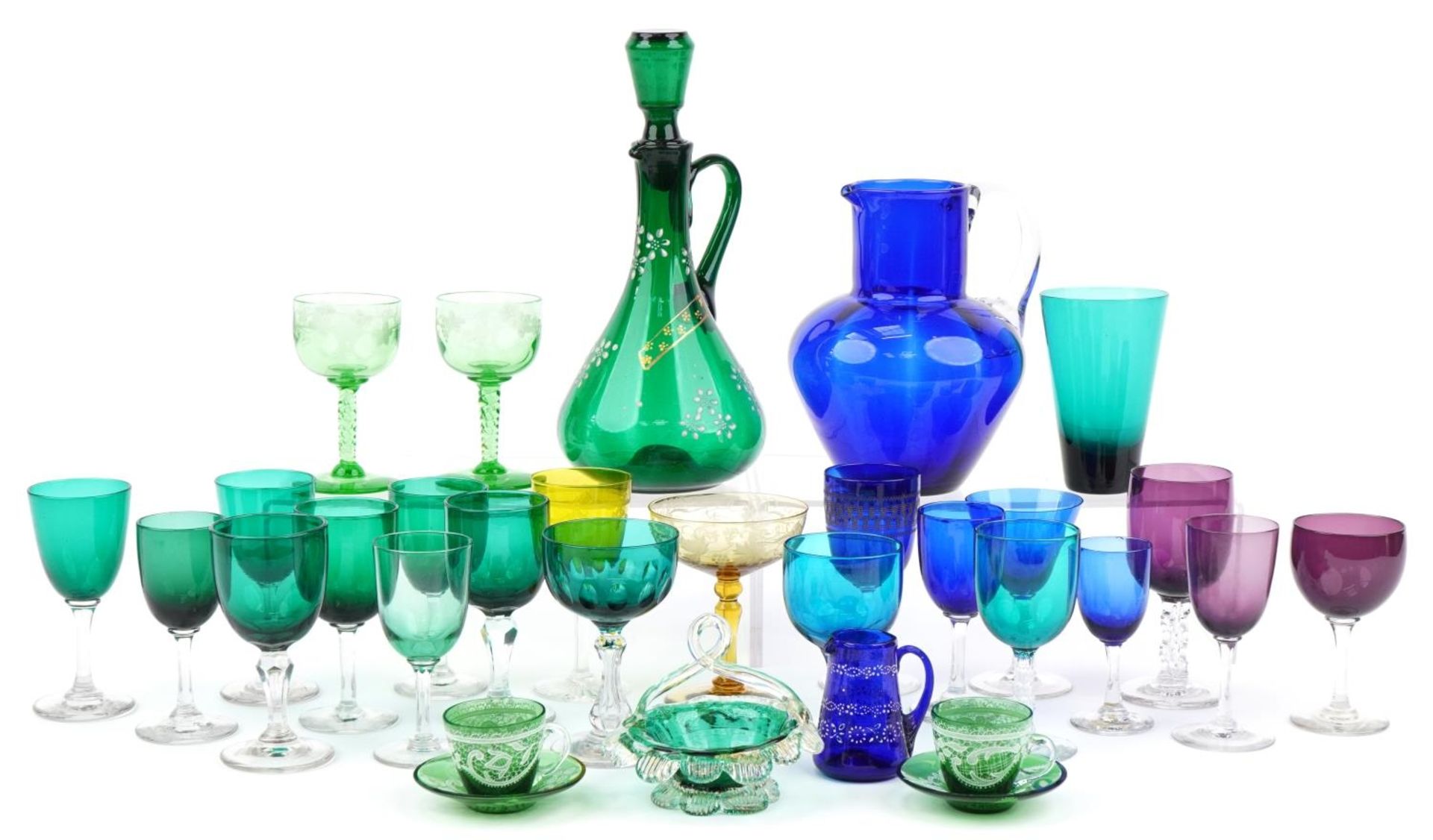 Early 19th century and later glassware including Bristol blue jug, green claret jug enamelled with