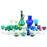 Early 19th century and later glassware including Bristol blue jug, green claret jug enamelled with