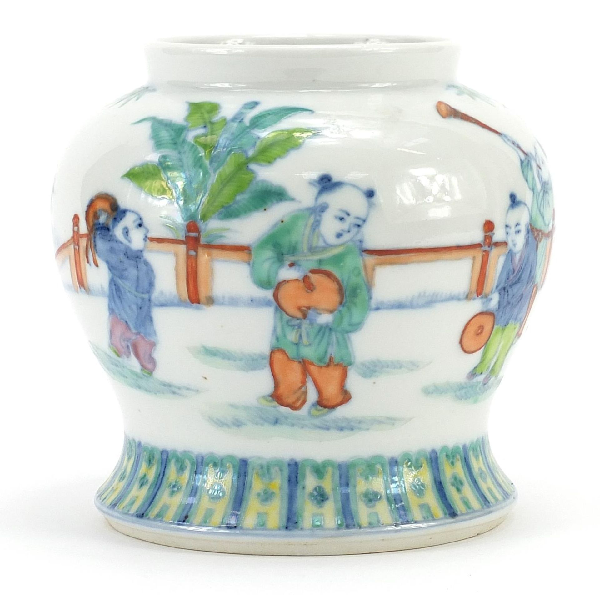 Chinese doucai porcelain baluster vase hand painted with children playing, six figure character - Image 2 of 6