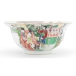 Chinese bowl hand painted in the famille verte palette with figures in a palace setting, Kangxi leaf