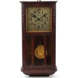 Oak cased striking wall clock with silvered dial and Arabic numerals, 67cm high