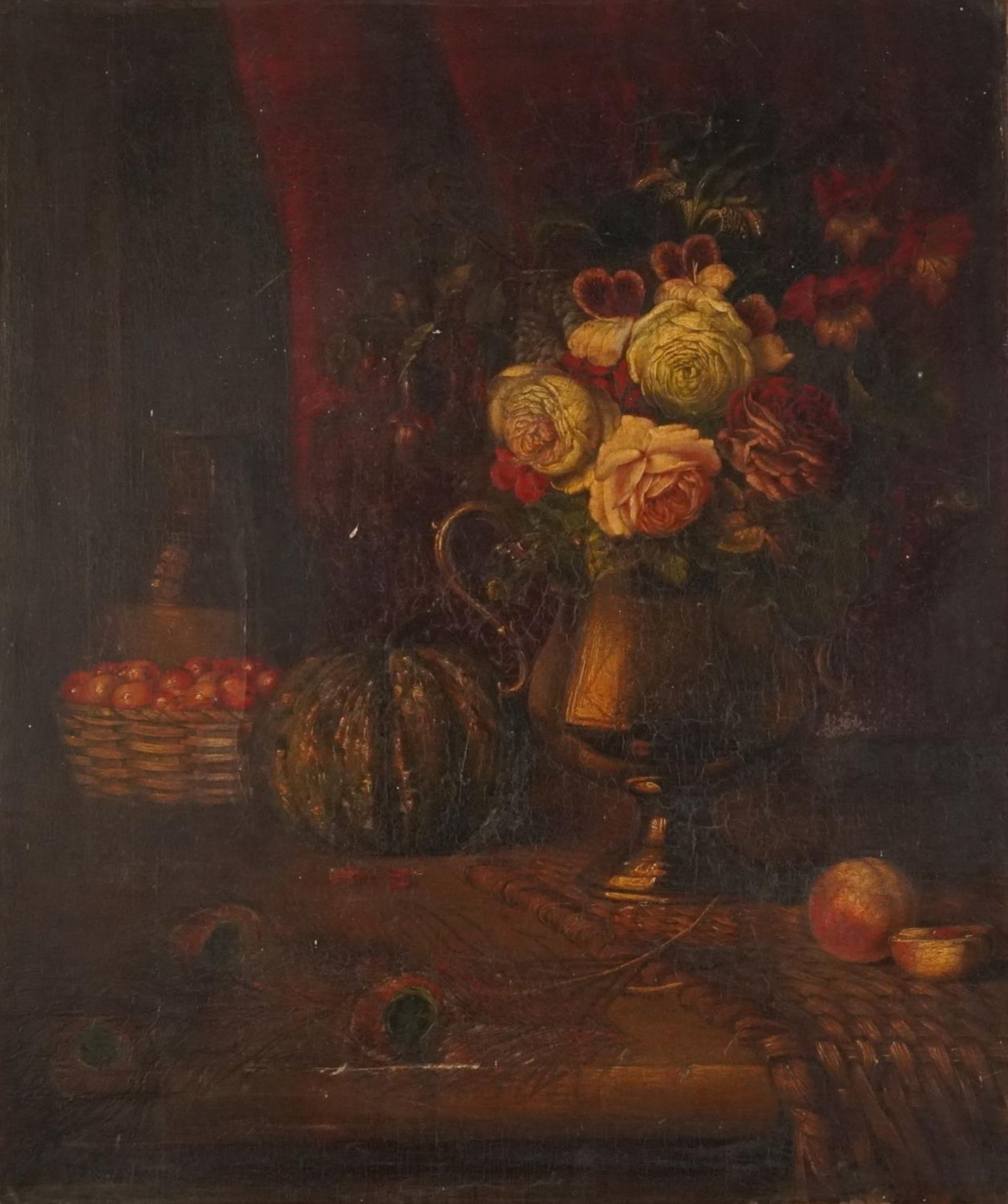 Still life flowers, fruit and feathers, oil on canvas, possibly 19th century, unframed, 75cm x 63cm