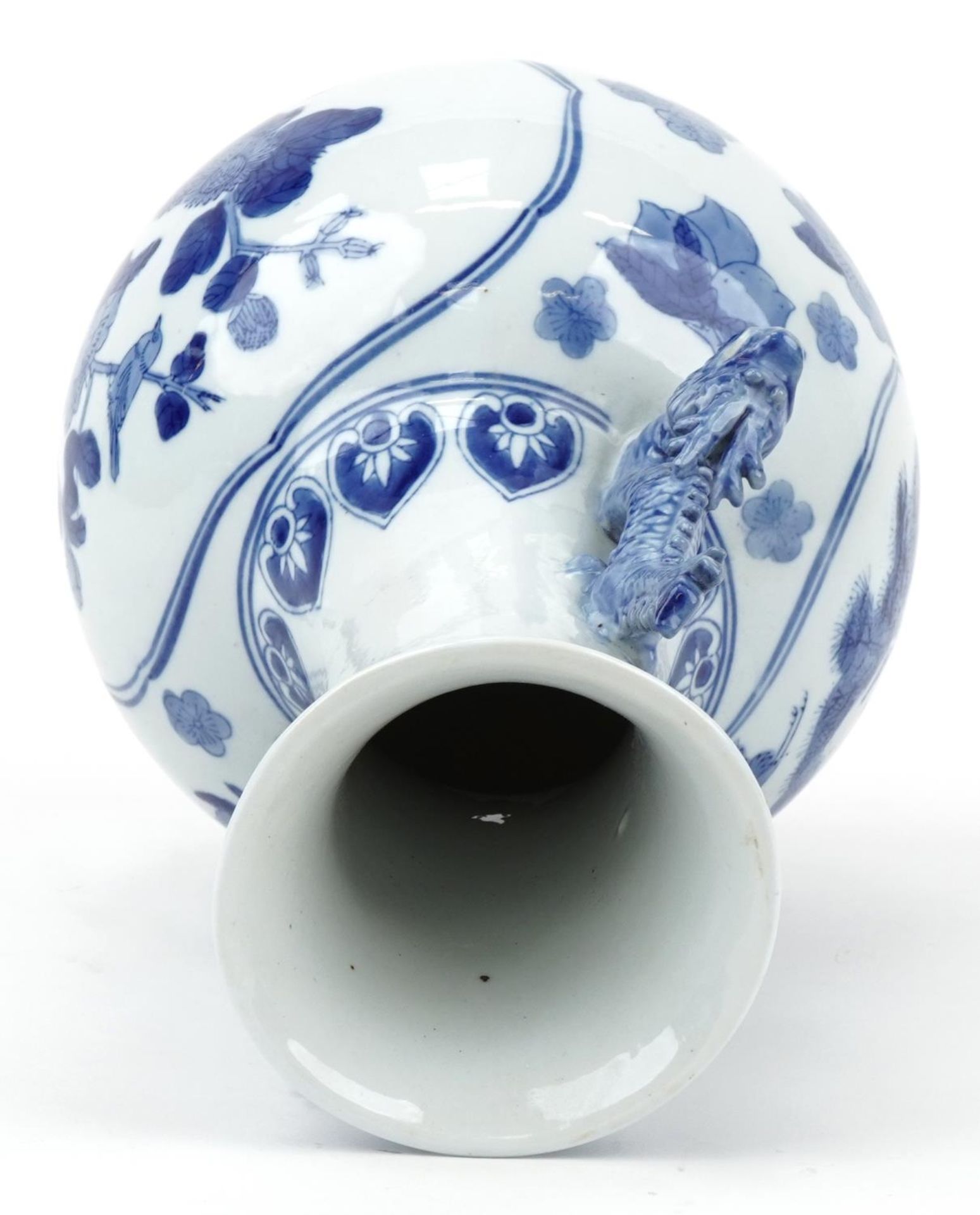 Chinese blue and white porcelain vase with dragon handles raised on a hardwood stand, decorated with - Image 5 of 6