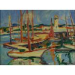 Continental harbour scene with moored boats, Impressionist oil on board, mounted and framed, 39.