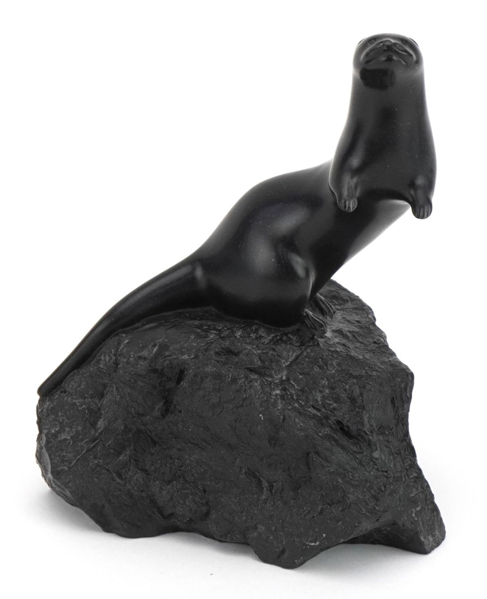 Inuit interest stone carving of an otter, indistinctly signed, 19cm high - Image 2 of 8