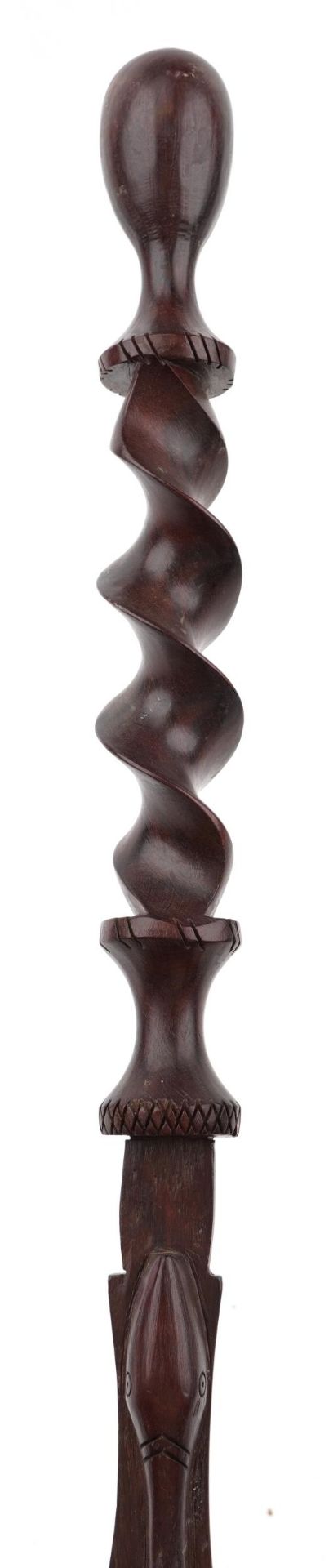 Tribal interest hardwood walking stick carved with a serpent, 93cm in length