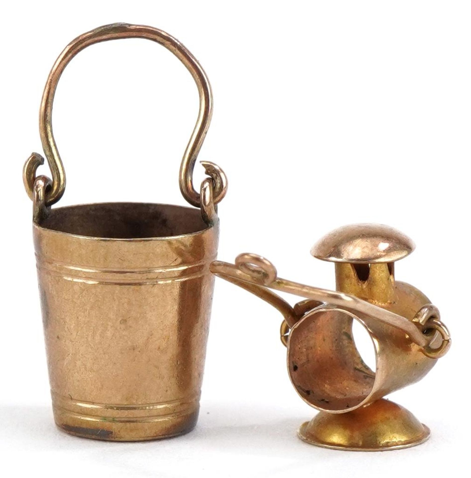 Two 9ct gold charms comprising lantern and bucket, the largest 2.3cm high, total 2.4g - Image 2 of 3