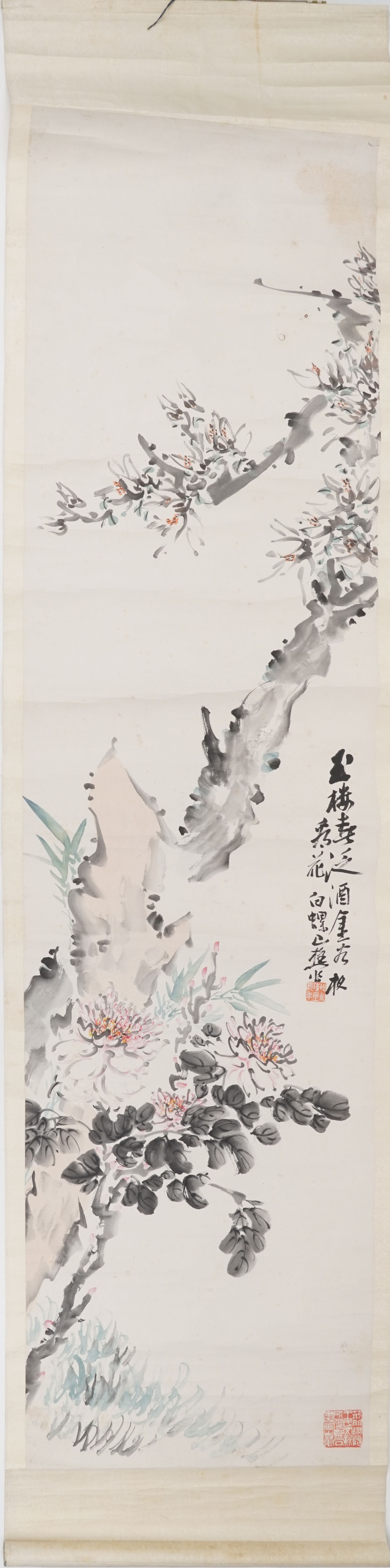Chinese wall hanging scroll hand painted with blossoming trees, 175cm x 46cm - Image 4 of 12