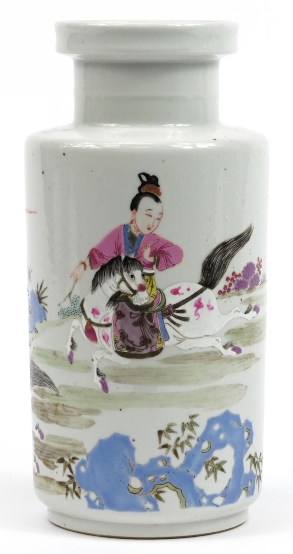 Chinese porcelain Rouleau vase hand painted in the famille rose palette with figures on horseback,
