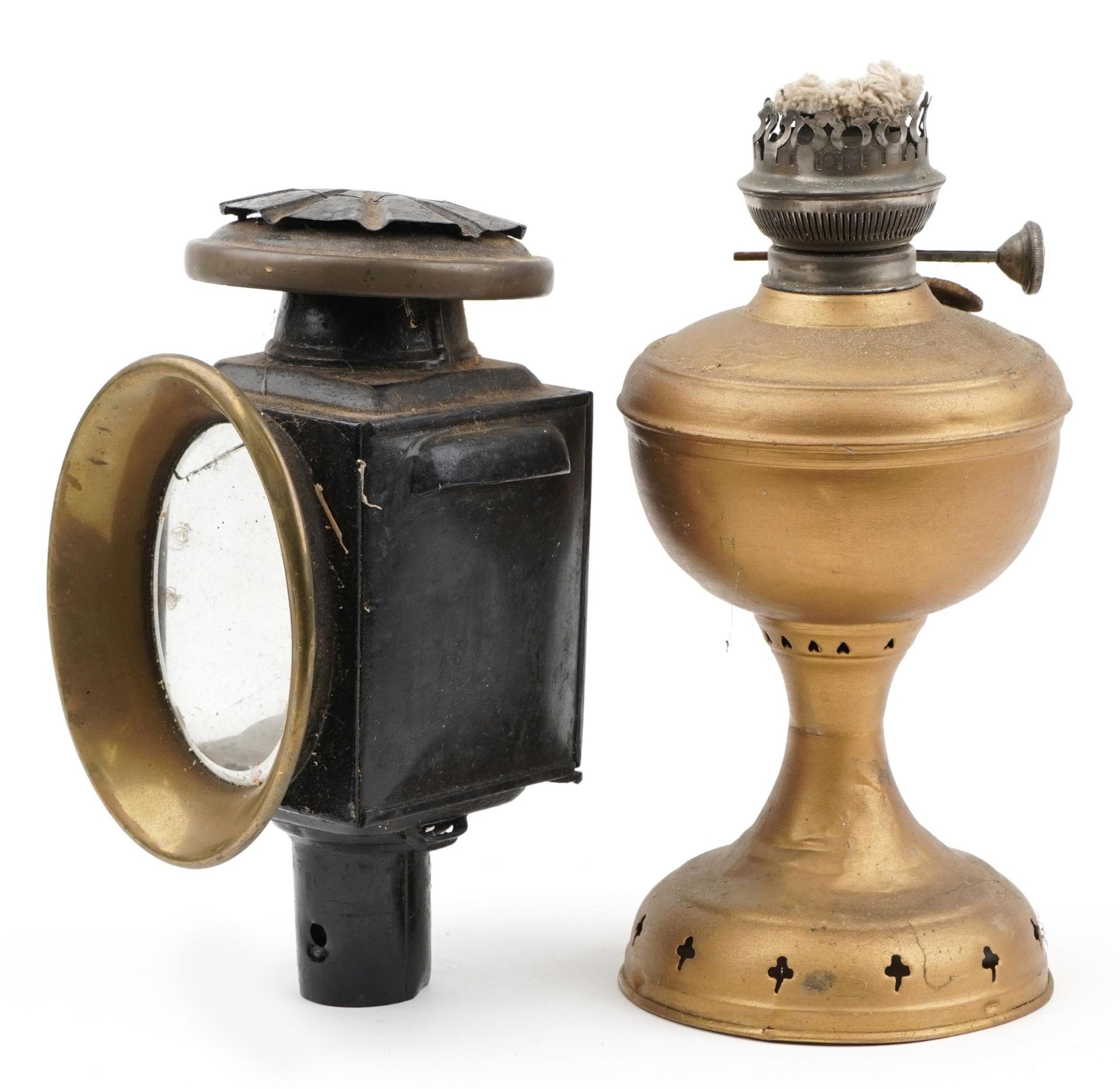 Gilt painted oil lamp and a carriage lantern with bevelled glass panels