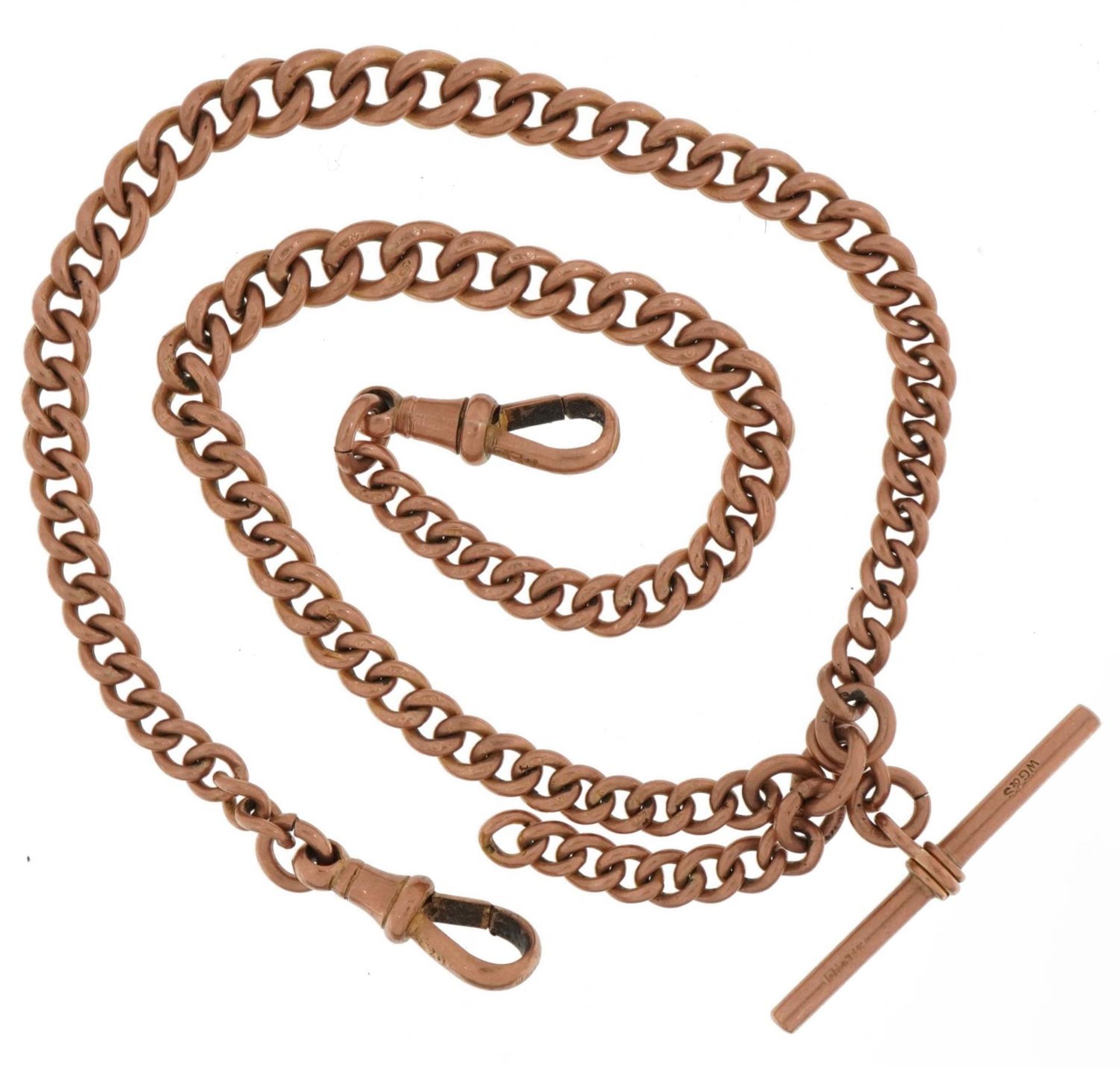 9ct rose gold watch chain with T bar and jewellery clasps, 36cm in length, total 27.6g - Bild 3 aus 3