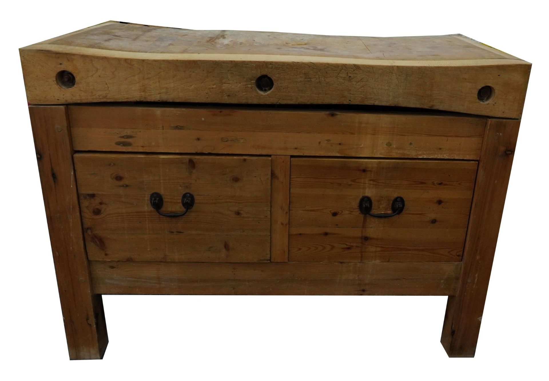 Victorian pine butcher's block with two drawers to the base, 90cm H x 122cm W x 61cm D