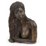 Brenda Hamblin, Chloe, bronzed pottery bust of a nude female with What If Gallery paperwork, 42cm