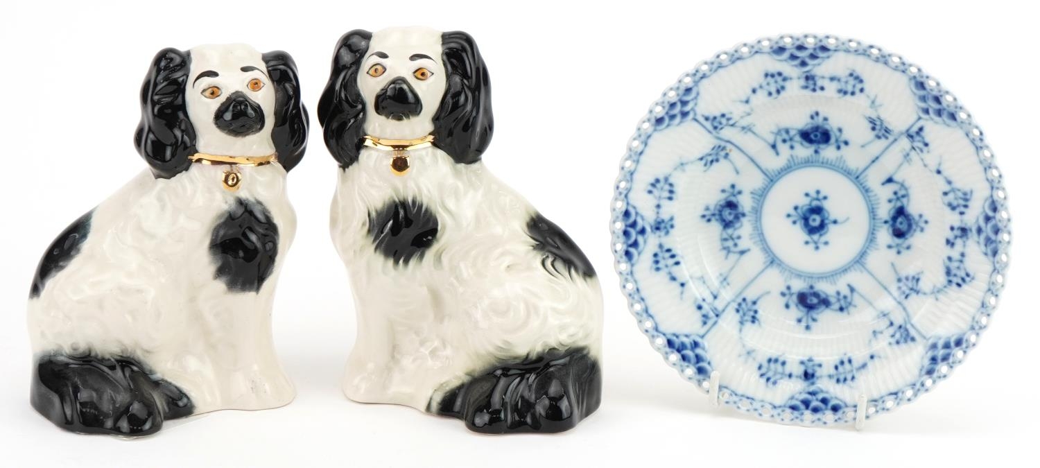 Royal Copenhagen blue and white porcelain dish and a pair of Beswick Spaniels numbered 1378