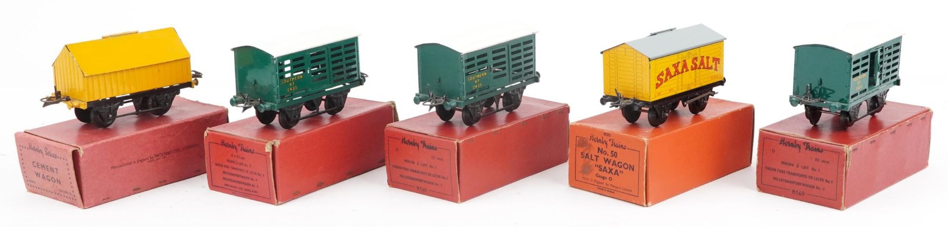 Five Hornby O gauge tinplate model railway wagons and vans with boxes comprising No 1 Milk Traffic - Image 4 of 5