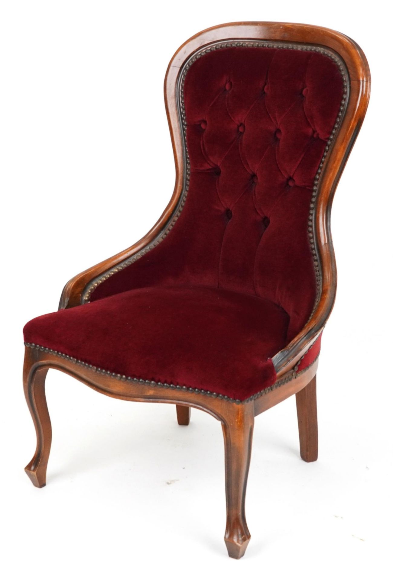 Victorian style mahogany framed bedroom chair with button back upholstery, 90cm high