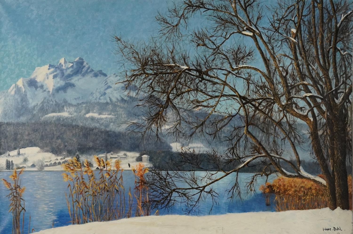 Manner of Hans Dahl - Mountainous winter landscape with lake, oil on canvas, unframed, 100cm x 65cm - Image 2 of 10