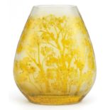 Horna, Polish yellow art glass vase etched with stylised trees, 26cm high