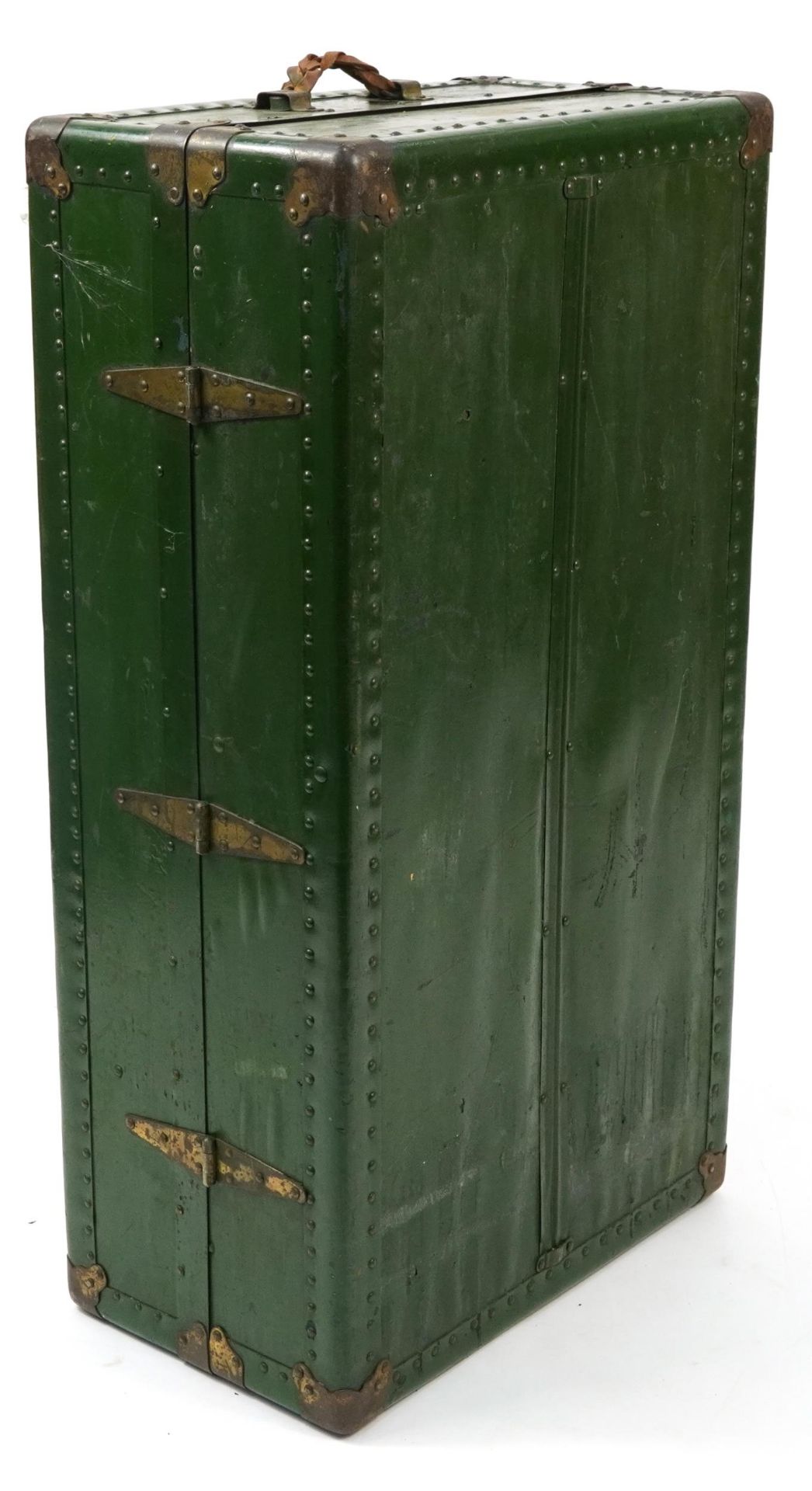 Vintage wooden bound steamer trunk with brass fittings, 33.5cm H x 102cm W x 56cm D - Image 2 of 2