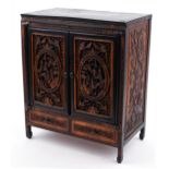 Chinese table cabinet with pair of doors enclosing eight drawers, finely carved and pierced with