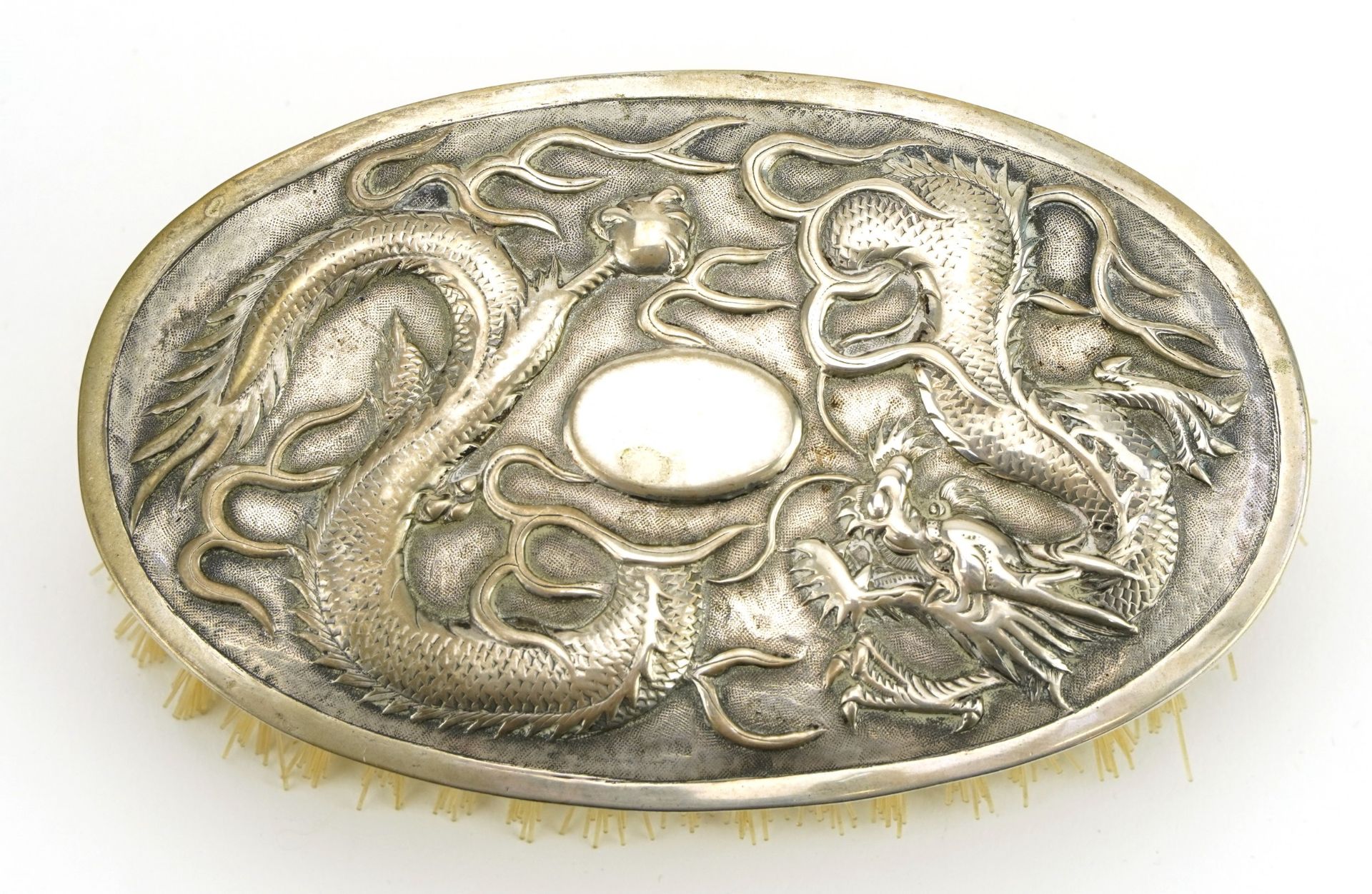Hung Chong & Co, Chinese export silver mounted brush embossed with a dragon, 13cm wide, total weight - Image 4 of 8