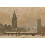 Snowy landscape with church, early 20th century English school gouache, details verso, mounted,