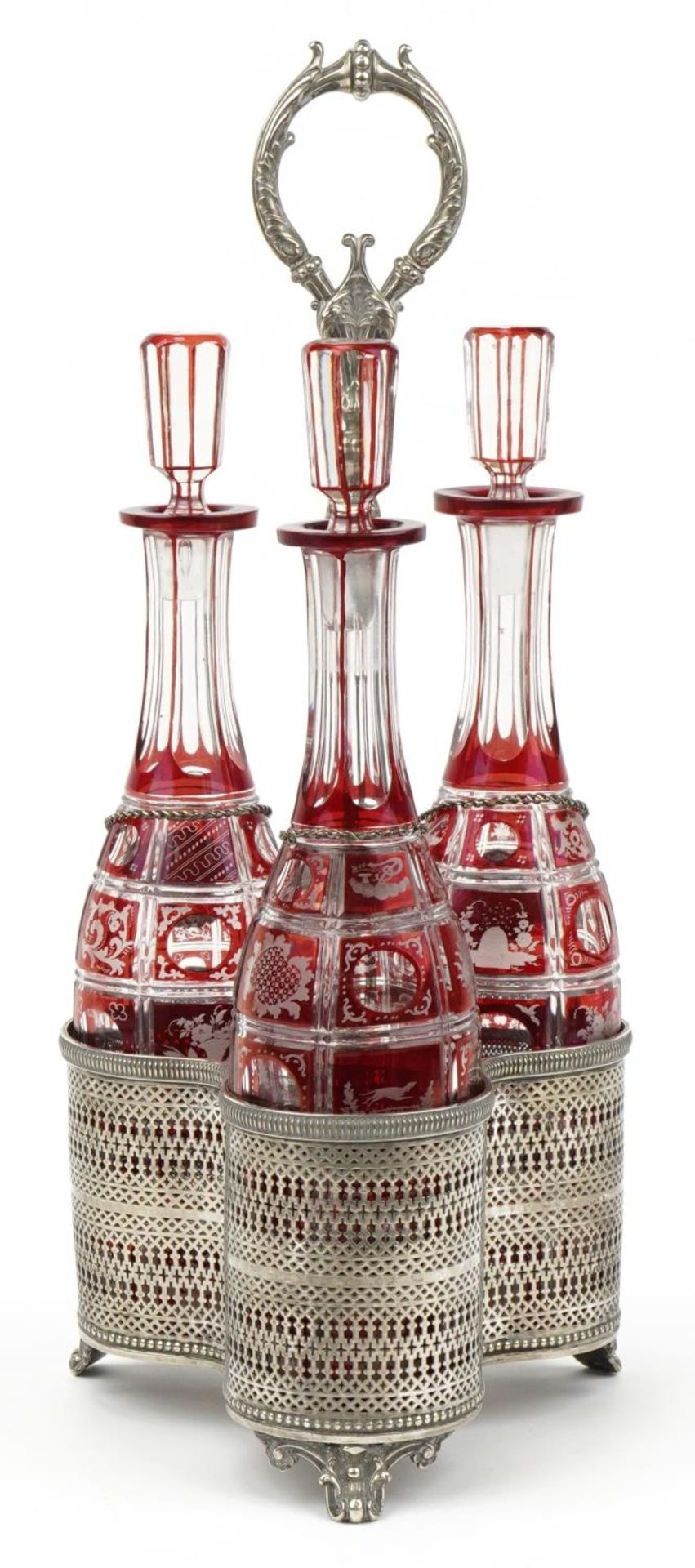 19th century silver plated three bottle tantalus housing three Bohemian ruby flashed cut glass - Image 3 of 6