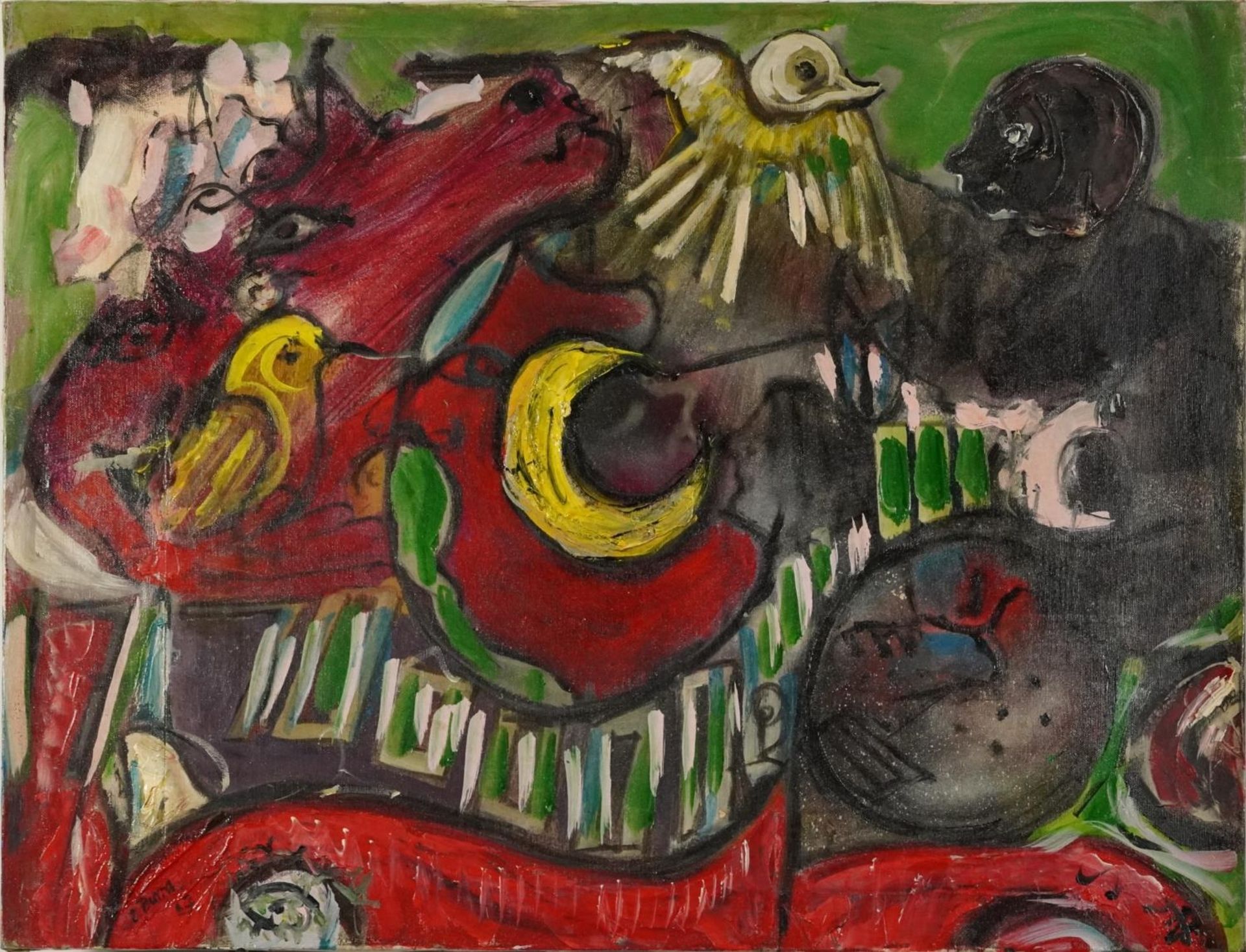 Abstract composition, figures and birds, oil on canvas, unframed, 89cm x 69cm