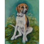 Sarah Aspinall - Seated Foxhound puppy, oil on canvas, label verso with price of £750, mounted and