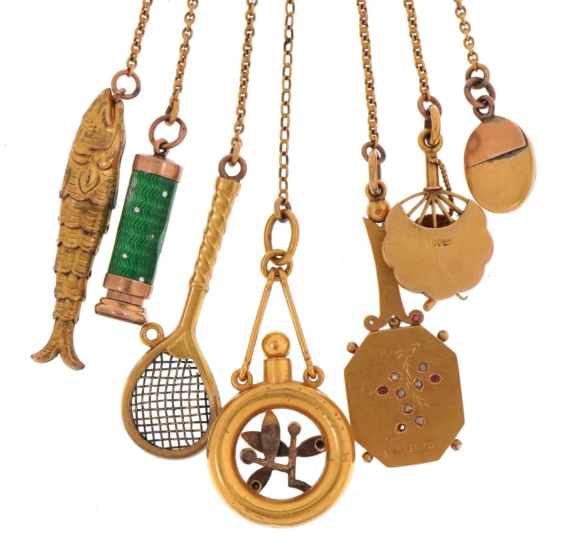 Antique 22ct gold chatelaine with six gold implements and pendants and a yellow metal articulated - Image 3 of 6