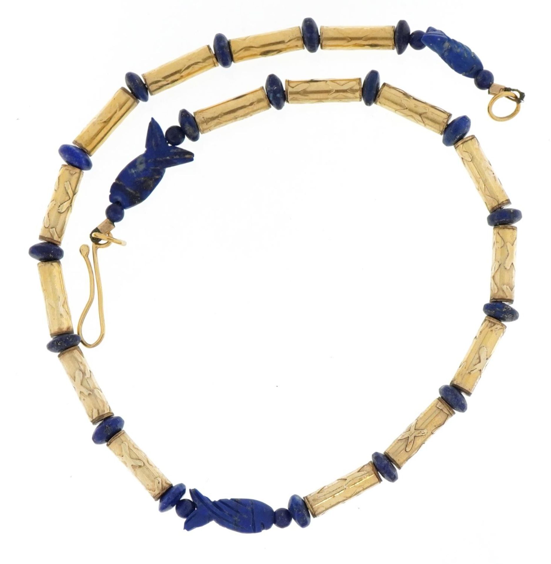 Egyptian style unmarked gold bead and carved lapis lazuli necklace, tests as 14ct gold, total 29.8g - Image 3 of 3