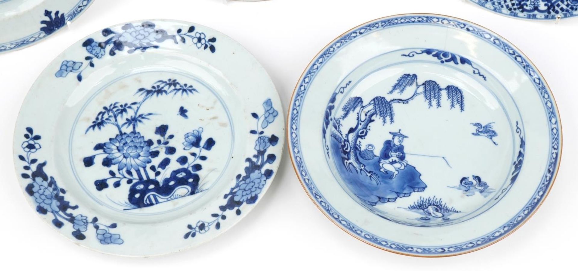 Four Chinese blue and white porcelain plates and a soup bowl hand painted with a fisherman in a - Bild 5 aus 8