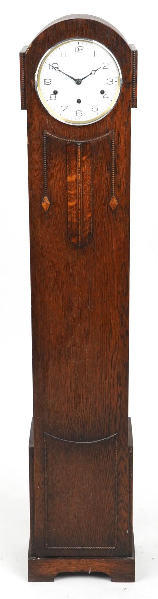 Art Deco oak granddaughter clock with Westminster chime, 132cm high