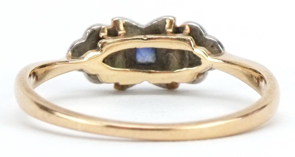 Art Deco 9ct gold and platinum sapphire and diamond three stone ring, size P, 1.8g - Image 2 of 4