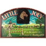 Equestrian interest painted wood plaque inscribed Little Joey with applied horse head, 91cm x 62cm