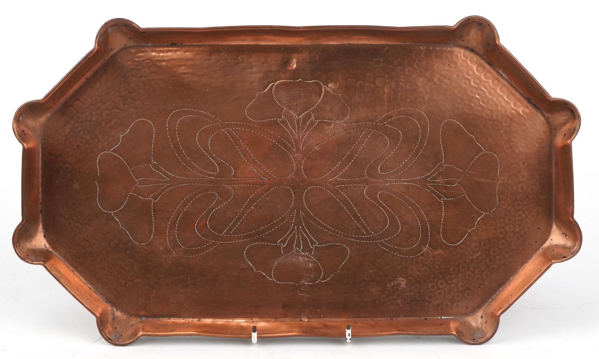 Art Nouveau copper tray engraved with stylised motifs, 48cm wide - Image 2 of 4
