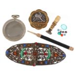 Sundry items including a two piece buckle, pocket watch case, 19th century bone handled seal and