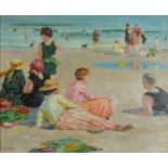 After Edward Henry Potthast - Figures on a beach, Impressionist oil on board, mounted and framed,