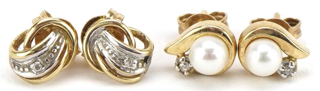 Two pairs of 9ct gold diamond stud earrings, one set with a pearl, the largest 8mm high, 2.7g