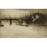 Robert Charles Goff - Boats on The River Thames, pencil signed etching, J J Patrickson label