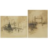 Arthur L Cherry - London Bridge and Shaftsbury Memorial Fountain, pair of pencil signed drypoint