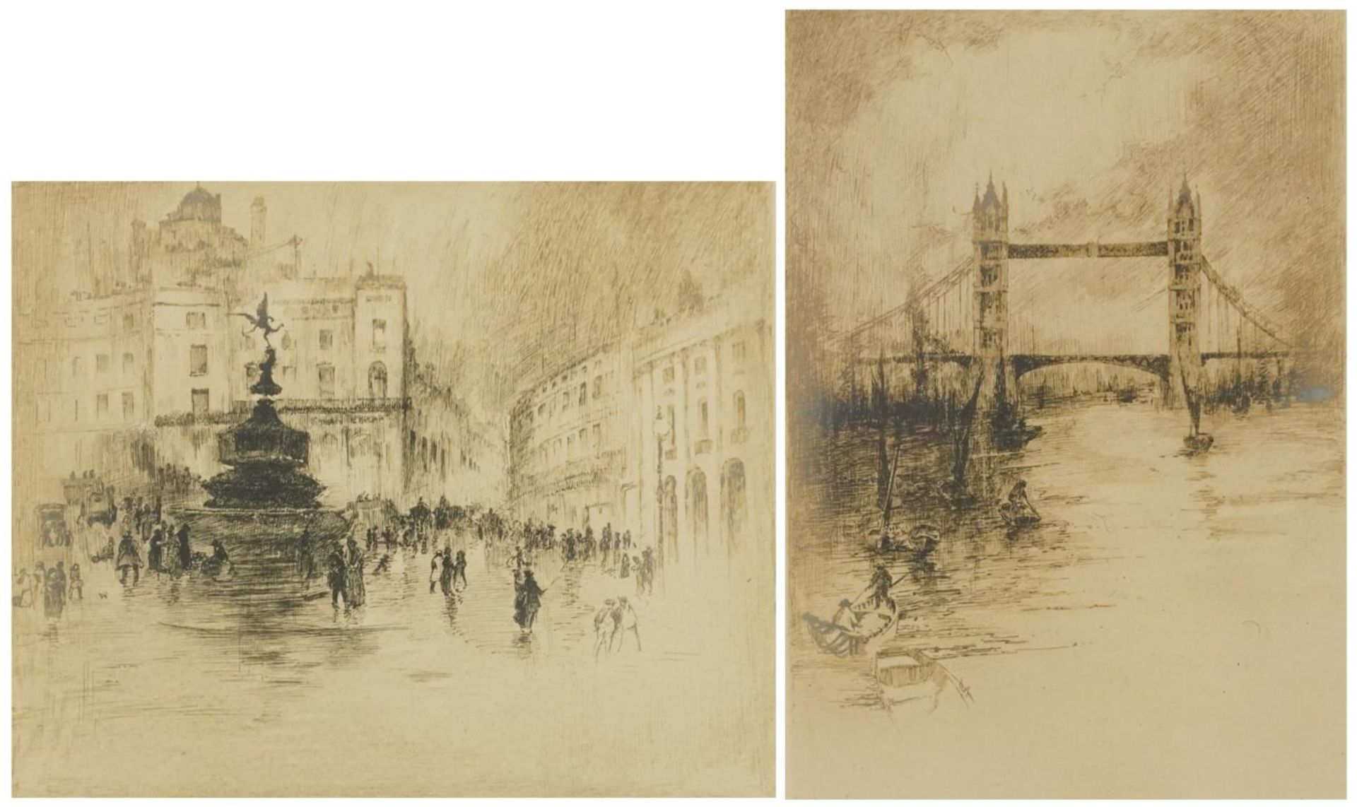 Arthur L Cherry - London Bridge and Shaftsbury Memorial Fountain, pair of pencil signed drypoint